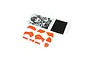 Losi orange plastic body panels for an RC motorcycle, including a decal sheet and a sheet of black number stickers.