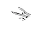 A silver aluminium swing arm for an RC motorcycle, shown with a small mounting plate and two black screws on a white background.