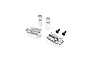 A set of silver aluminium foot pegs for an RC motorcycle, including two mounting pins and two black screws, isolated on a white background.