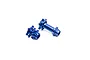 Two blue anodized aluminium wheel hubs for an RC motorcycle on a white background.