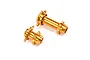 A set of two gold-anodized aluminium wheel hubs for an RC motorcycle, shown against a plain white background.