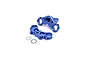 Losi blue anodized aluminium triple clamp set for RC motorcycle, including two main clamp pieces, a washer, and an O-ring.