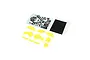 Losi yellow plastic body panels for an RC motorcycle, including decal sheets and black adhesive strips on a white background.