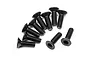 A group of ten black metal countersunk head screws with hex drive sockets arranged on a white background.