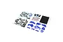 Losi blue plastic body panels and decal sheets for an RC motorcycle, laid out on a white background.