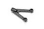 A black XRAY carbon fibre fusion suspension arm for an RC car, viewed from an angle against a white background.