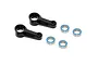 Two black aluminium steering arms and four small ball bearings for an RC car, isolated on a white background.