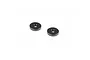 Two small, round, black aluminium shims or washers with a central hole, displayed against a plain white background.