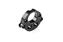 A black anodized aluminium eccentric bulkhead insert for an RC car, featuring a central hole and multiple smaller mounting holes.