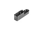 A black anodized aluminium battery backstop component for RC cars, featuring two small locating pins and two threaded holes.