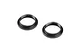 Two black anodized aluminium adjustable shock nuts for RC cars, shown from an angled perspective on a white background.
