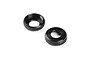 Two black anodized aluminium RC shock caps with knurled edges, shown from top and bottom angles.