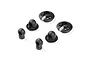 A set of black composite RC shock parts including two spring retainers and four shock eyelets on a white background.