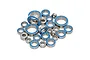 A collection of various sized metal ball bearings with blue rubber seals arranged on a white background.