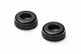 Two black anodized aluminium shock absorber caps for RC cars, featuring a knurled edge for grip.