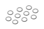 Ten small silver metal shims or washers arranged on a plain white background.
