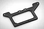 A flat, black carbon fibre rear pod lower plate for an RC car, featuring a central rectangular cutout and multiple mounting holes.