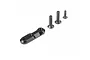 A black aluminium body post plate with three matching black screws arranged on a white background.