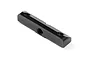 A black anodized aluminium pod plate pivot holder for RC cars, featuring three threaded mounting holes.