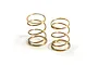 Two gold-colored metal coil springs for RC car suspension standing upright on a white background.