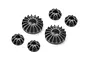 A set of five black composite differential bevel and satellite gears for an RC car, arranged on a white background.