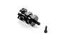 A black aluminium RC wheel hub component and a small hex screw isolated on a white background.