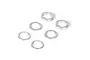 A set of six silver-coloured aluminium shims of varying thicknesses arranged on a white background.
