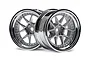 Two HPI Racing DY-Champion RC car rims with a chrome outer lip and silver multi-spoke center design, isolated on a white background.