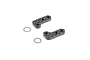 Two L-shaped carbon fibre side brace arms and two small metal washers isolated on a white background.
