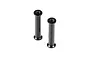 Two black anodized aluminium cylindrical mounts with threaded ends, standing upright on a white background.