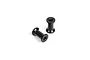 Two black aluminium RC car mounts shown from a high angle against a white background.