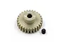 A hard-coated aluminium 27T 0.6Mod pinion gear by Yeah Racing with a small black grub screw beside it on a white background.