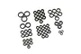 A collection of various sized rubber shielded ball bearings arranged in groups on a white background.