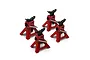 Four red and black scale model aluminium jack stands for RC cars arranged on a white background.