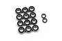 A collection of twelve metal ball bearings with black rubber seals arranged on a white background.