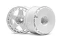 Two white HPI Fifteen52 Turbomac RC car rims shown from different angles against a white background.