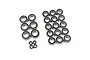 A collection of various sized rubber shielded ball bearings arranged on a white background.