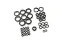 A collection of various sized rubber shielded ball bearings arranged on a white background.