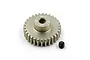A silver-coloured Yeah Racing 30T 0.6Mod aluminium pinion gear with a small black grub screw next to it on a white background.