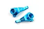 Two blue anodized aluminium RC front steering hubs with the Yeah Racing logo engraved on the surface.