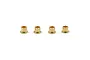 Four small brass flanged bushings arranged in a row against a white background.
