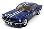 A 1/32 scale Scalextric Ford Mustang slot car in blue with white racing stripes and the number 4 on the hood and doors.