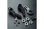 MST black aluminium steering arm set including two black metal arms, a carbon fiber plate, ball stud, bearings, screws, and washers.