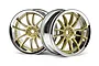 Two HPI Racing Work XSA 02C RC car rims featuring a gold multi-spoke center and a polished chrome outer lip, set against a white background.