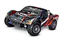 A Traxxas Slash 4X4 BL-2S RC short course truck with a black, red, and blue racing livery on a white background.