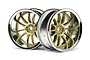 Two HPI Work XSA 02C RC car rims with gold spokes and chrome outer barrels against a white background.