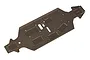 A gunmetal grey anodized aluminium main chassis plate for an RC car, featuring various milled cutouts and mounting holes.