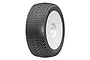 A single GRP 1/8 scale RC buggy tyre with a square-pin tread pattern mounted on a white dish wheel.