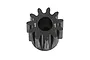 A black 11-tooth pinion gear with a 1-module pitch, featuring a central bore and etched markings on the face.