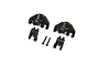 Losi front spindle set including two black plastic steering knuckles, two C-hubs, and two small metal screws on a white background.